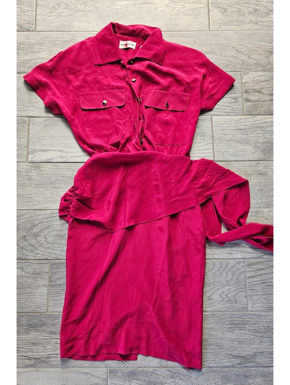 Vintage Nipon Boutique Long Dress Button Pink Size 2 100% Silk Short Sleeve